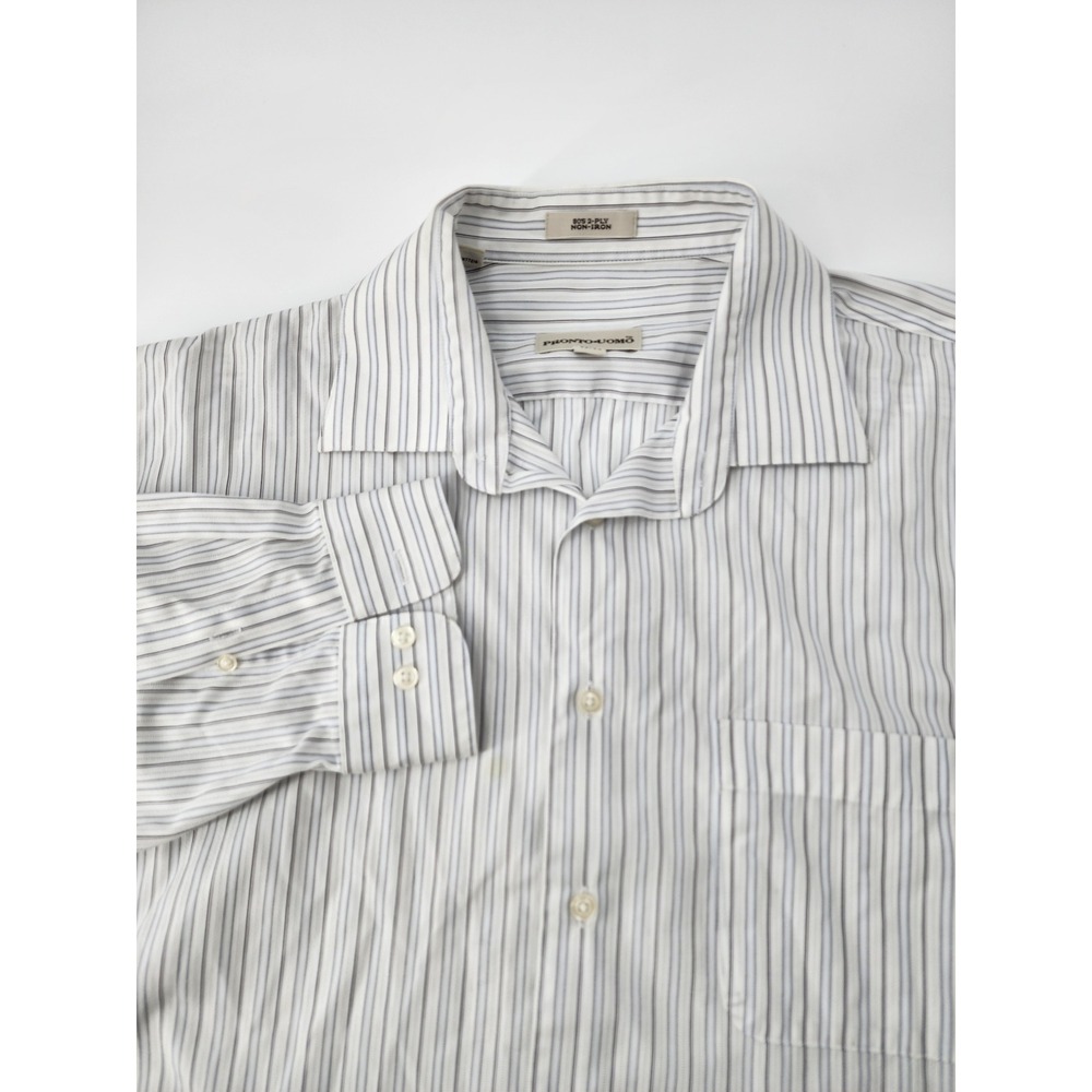 Pronto Uomo Mens 17.5 32/33 Non-Iron Cotton Striped Dress ShirtWhiteBlue LongSlv
